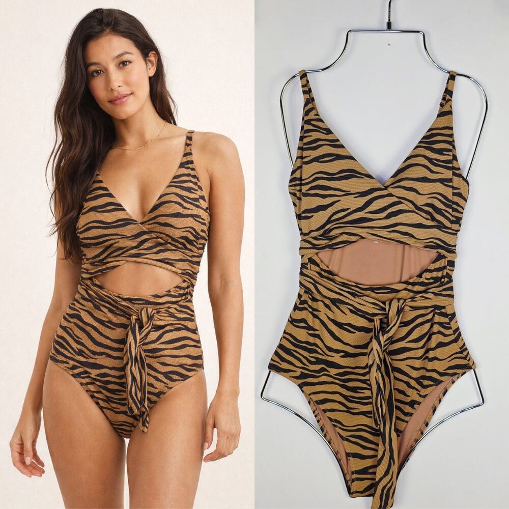Aerie One Piece Swimsuit Full Coverage Small Long Tiger Animal Wrap Tie Waist
